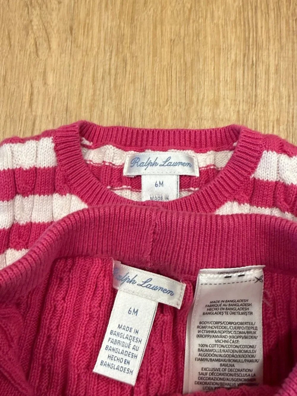 Ralph Lauren Baby Girls Pink & White Cable Knit Cardigan And Pants Set 6M